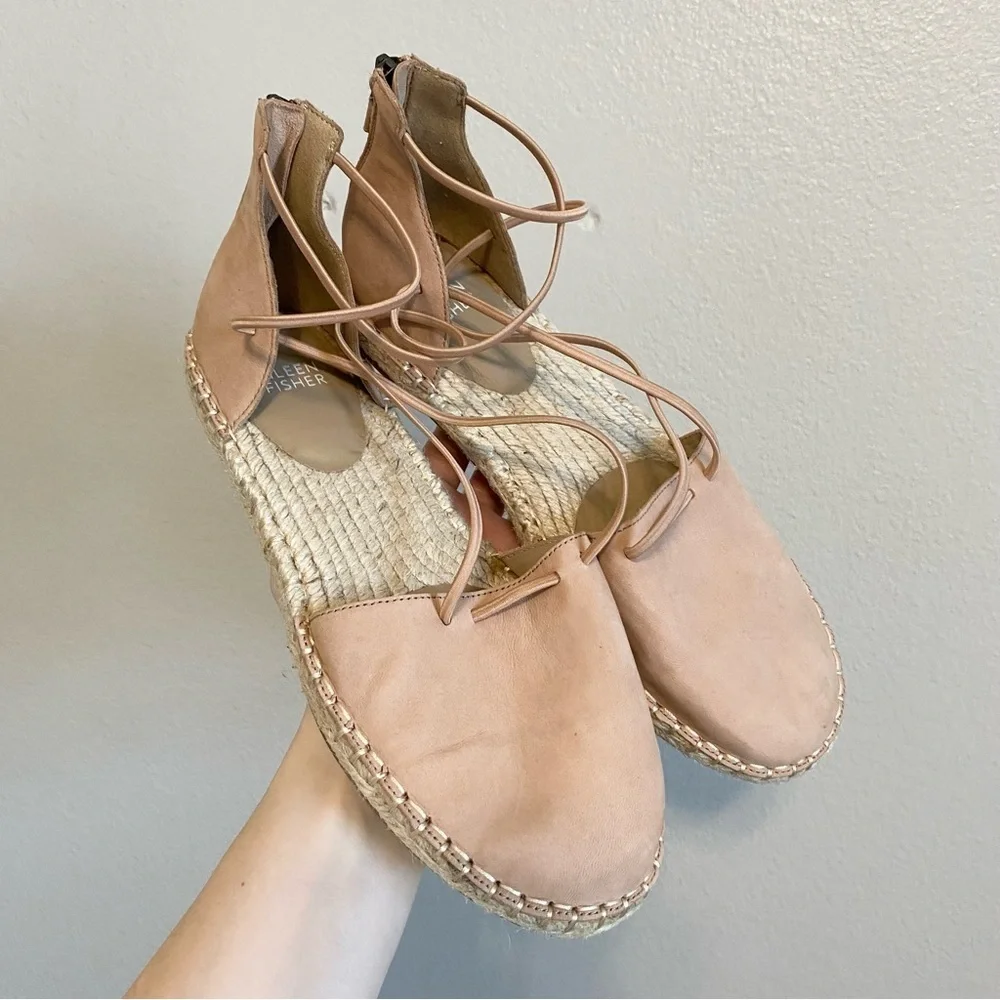 Eileen Fisher Light Tan Leather Lace Up Flat Espadrille Sandals Size 8